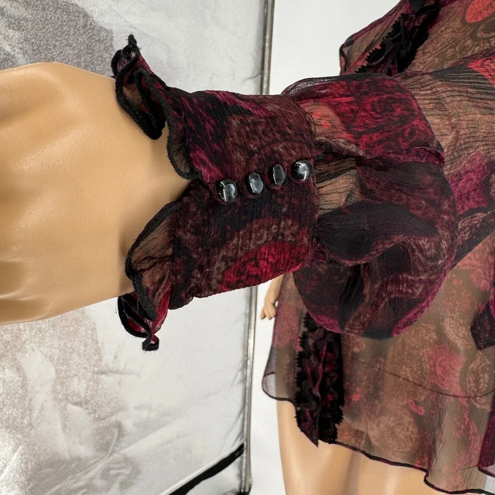 Tahari Women's Sz M Silk Sheer Ruffle Blouse Burgundy Black Victorian Gothic - Picture 5 of 16